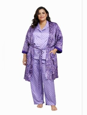 Plus Size Liz Claiborne Purple Satin Paisley Robe & Pajama Set Size 3X